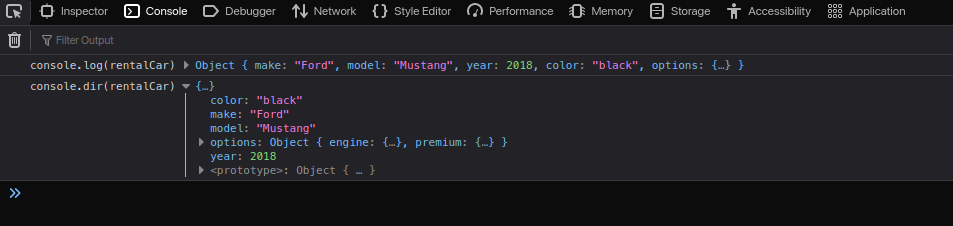 Comparing console.log and console.dir output in JavaScript Debugger